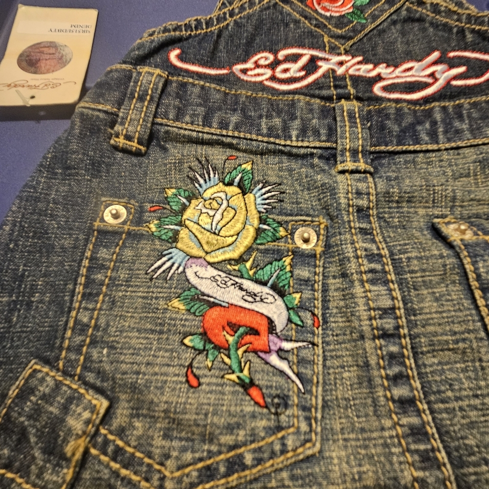 NWT Ed Hardy Toddler Denim Overall Dress with Embroidery - Picture 5 of 6